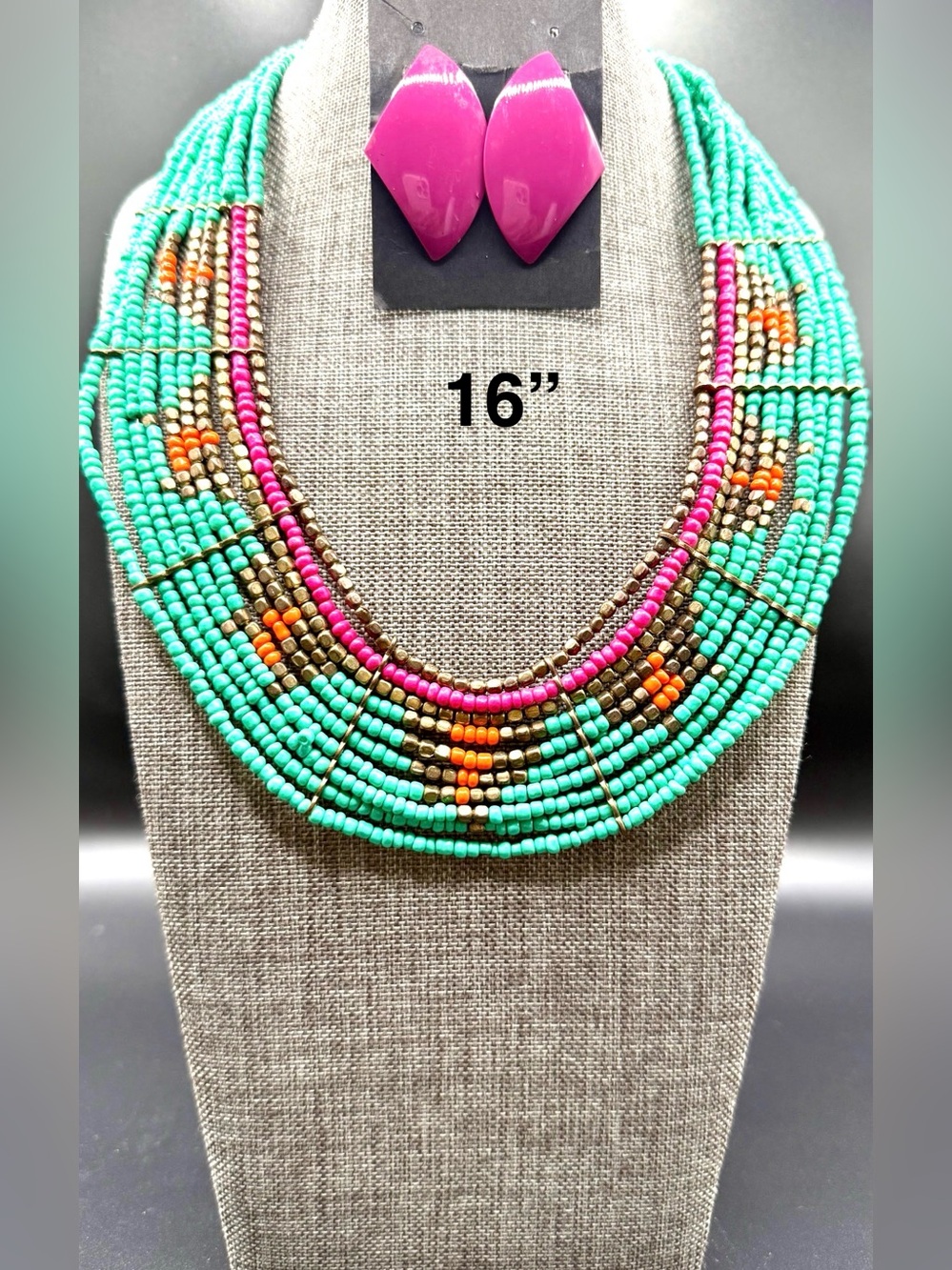 105. Handcrafted Turquoise Beaded Statement Necklace with Pink Accents